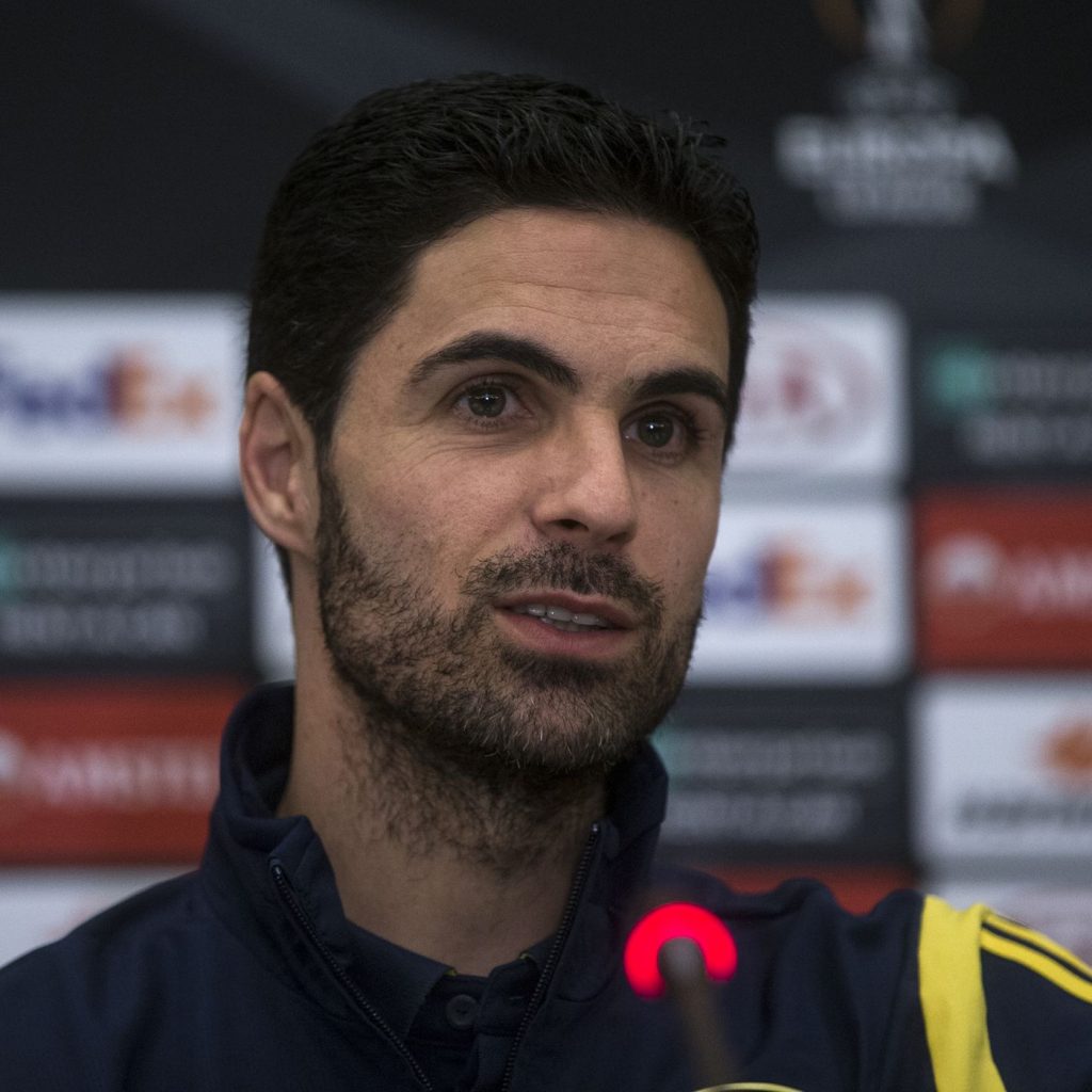 Arteta en la rueda de prensa vs. Olympiakos